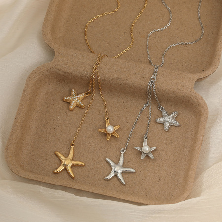 Colliers Pendentifs Pour Femmes, Style Océan, Étoile De Mer, En Acier Inoxydable Étanche, Couleur Or, Strass Et Perle