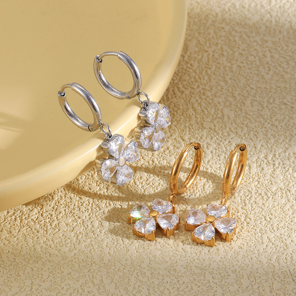 Boucles D'Oreilles Pendantes Pour Femme En Acier Inoxydable, Couleur Or, Ornées De Zircon Et De Trèfle Image3