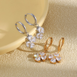 Boucles D'Oreilles Pendantes Pour Femme En Acier Inoxydable, Couleur Or, Ornées De Zircon Et De Trèfle h5 Image3