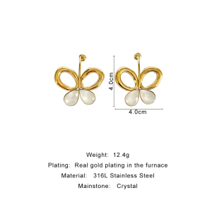 Boucles D'Oreilles Puces Pour Femmes, En Acier Inoxydable Doré, Ornées De Cristaux Et De Motifs Papillon. h5