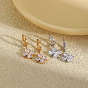 Boucles D'Oreilles Pendantes Pour Femme En Acier Inoxydable, Couleur Or, Ornées De Zircon Et De Trèfle h5 Image4