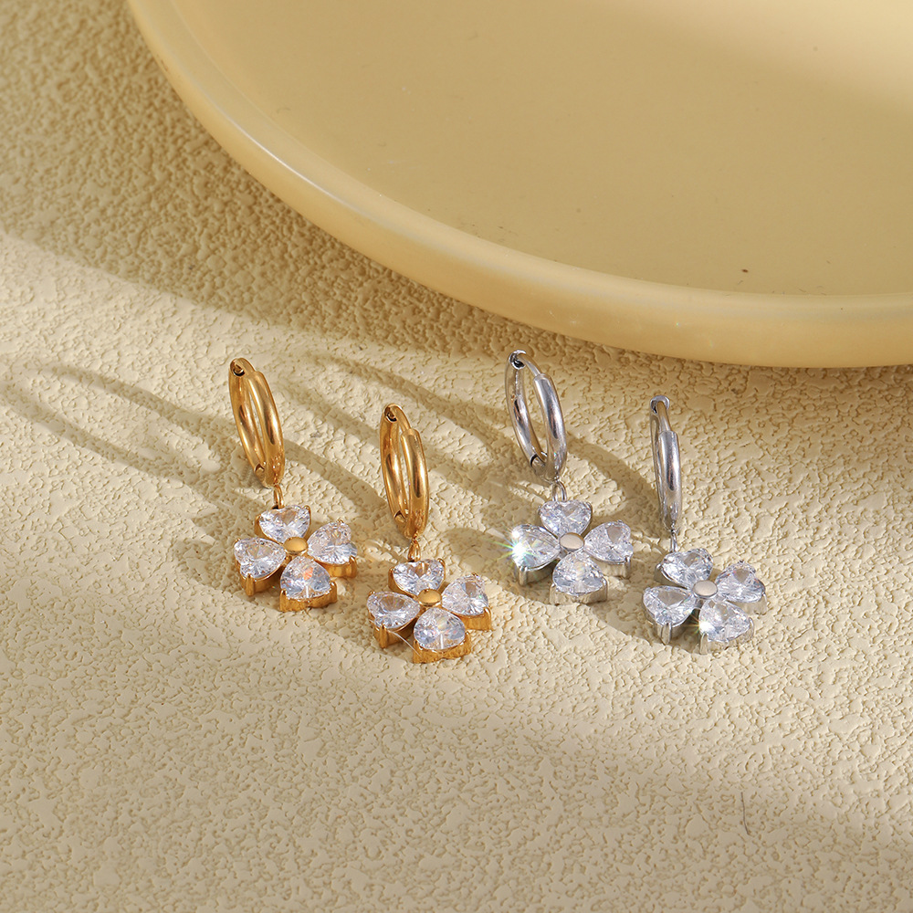 Boucles D'Oreilles Pendantes Pour Femme En Acier Inoxydable, Couleur Or, Ornées De Zircon Et De Trèfle Image4