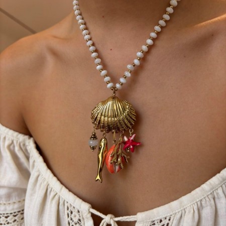 Colliers de perles pour femmes, style océanique, en acier inoxydable, étanches, couleur or, avec poissons et pierres naturelles