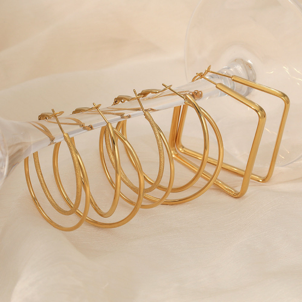 Boucles D'Oreilles Créoles Classiques Pour Femmes, En Acier Inoxydable Uni, Étanches, Couleur Or Image3