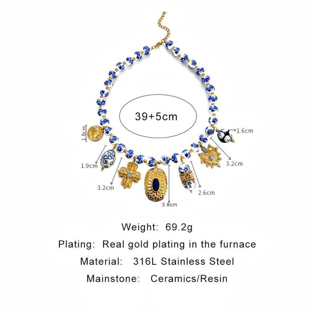 Colliers De Perles Rétro Qinghua En Porcelaine, Acier Inoxydable, Couleur Or, Étanches, Pour Femmes 