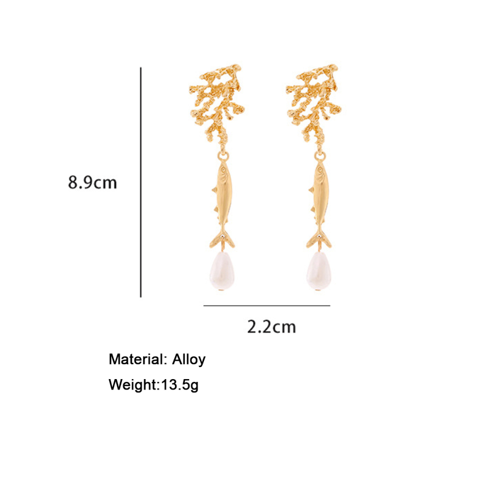 Boucles D'Oreilles Pendantes Pour Femmes, Motif Poisson, En Alliage Et Perles Artificielles 