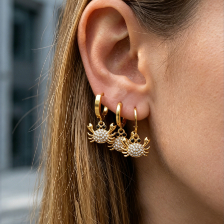 Boucles d'oreilles pendantes pour femme, style crabe océanique, en acier inoxydable étanche, couleur or et zircon.