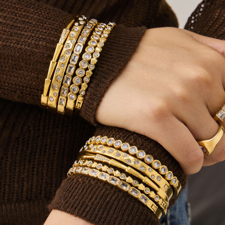 Bracelet jonc classique rectangulaire en acier inoxydable, étanche, couleur or, avec zircon pour femme