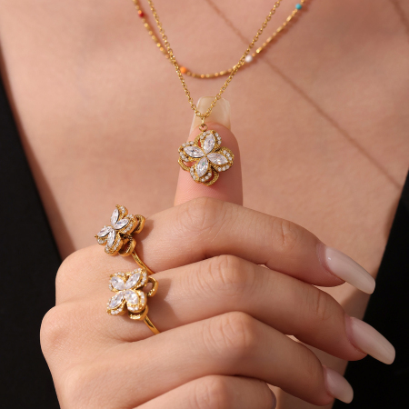 Ensembles de colliers élégants pour femmes, en acier inoxydable, imperméables, couleur or, ornés de zircon et de fleurs.