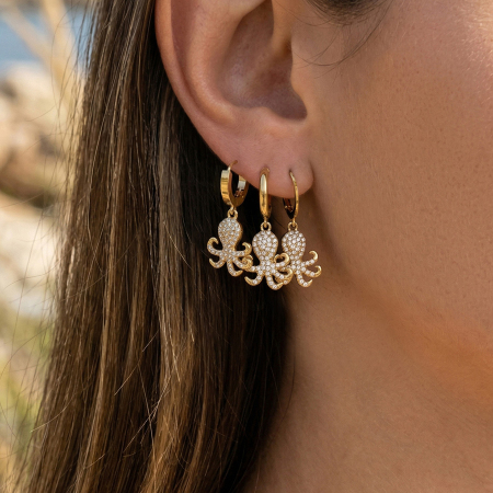 Boucles d'oreilles pendantes pour femme, style pieuvre, en acier inoxydable étanche, couleur or et zircon.