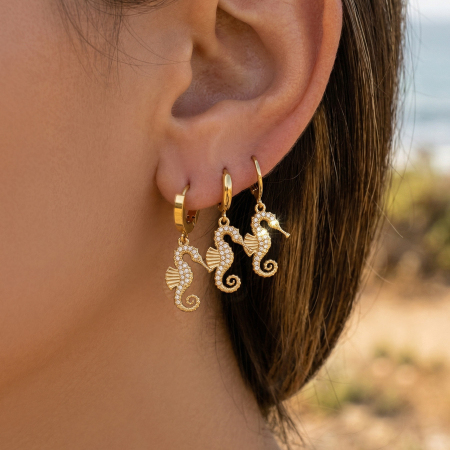 Boucles d'oreilles pendantes pour femme, style hippocampe, en acier inoxydable étanche, couleur or et zircon.