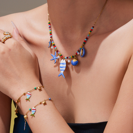 Ensembles de colliers pour femmes en acier inoxydable doré, émaillé, motif poisson, style vacances océaniques