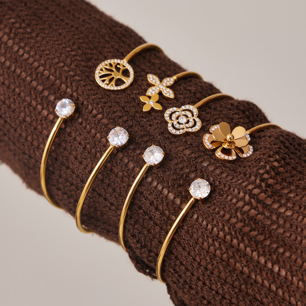Bracelet Manchette Élégant En Acier Inoxydable, Étanche, Couleur Or, Orné De Zircon Et Serti De Fleurs. h5Image4