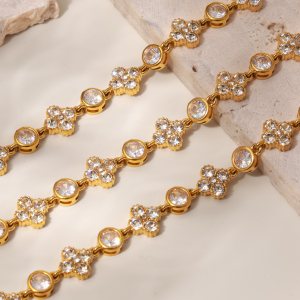 Bracelet Chaîne Pour Femme, Luxueux Et Élégant, En Acier Inoxydable, Étanche, Couleur Or, Orné De Zircon Et De Fleurs. h5 Image4