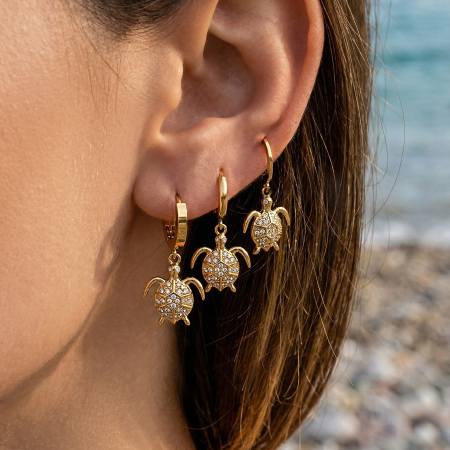 Boucles d'oreilles pendantes pour femme, style océanique, en acier inoxydable, étanches, couleur or, avec zircon, motif tortue mignonne