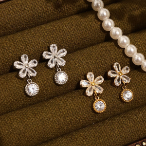 Boucles D'Oreilles Pendantes Pour Femme Sweet Flower En Acier Inoxydable Étanche Couleur Or Avec Zircon h5 Image3