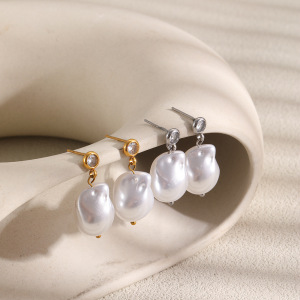 Boucles D'Oreilles Pendantes En Forme Irrégulière Élégantes Et Simples, En Acier Inoxydable Imperméable, Couleur Or, Avec Perle. Collection Simple. h5 Image2