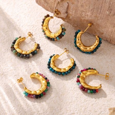 Boucles d'oreilles créoles rétro rondes en acier titane doré et pierre naturelle pour femmes