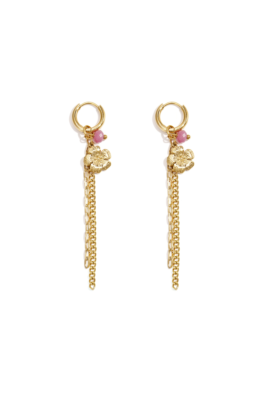 Petites Boucles D'Oreilles Créoles Avec Longues Chaînettes, Breloque Fleur Et Perle 