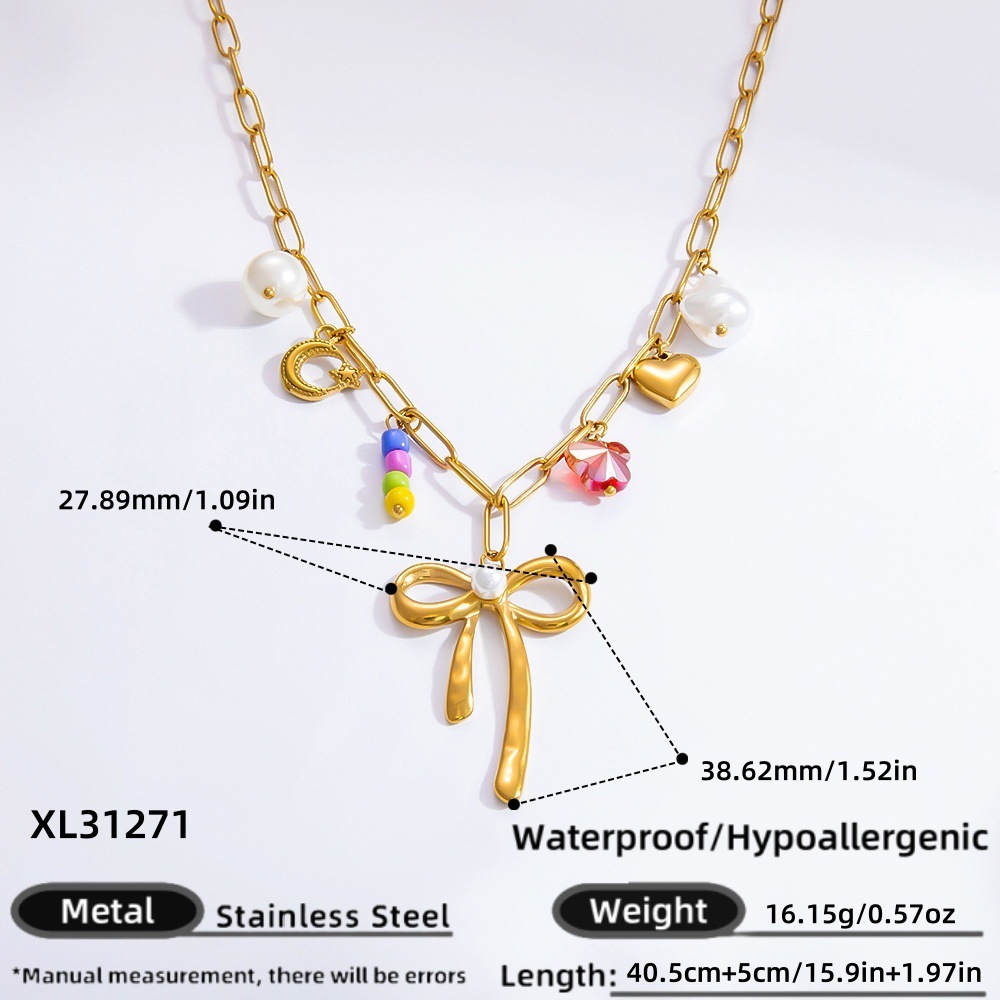 Collier Avec Pendentif En Acier Inoxydable Plaqué Or  Et Perles Artificielles Pour Femme, Série Romantique, Nœud Papillon 