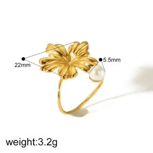 1 Pièce Exquise Et Élégante Bague Ouverte En Acier Inoxydable Plaqué Or Avec Fleur Irrégulière Et Papillon En Perle Pour Bijoux Pour Femmes À Porter Au Quotidien h5