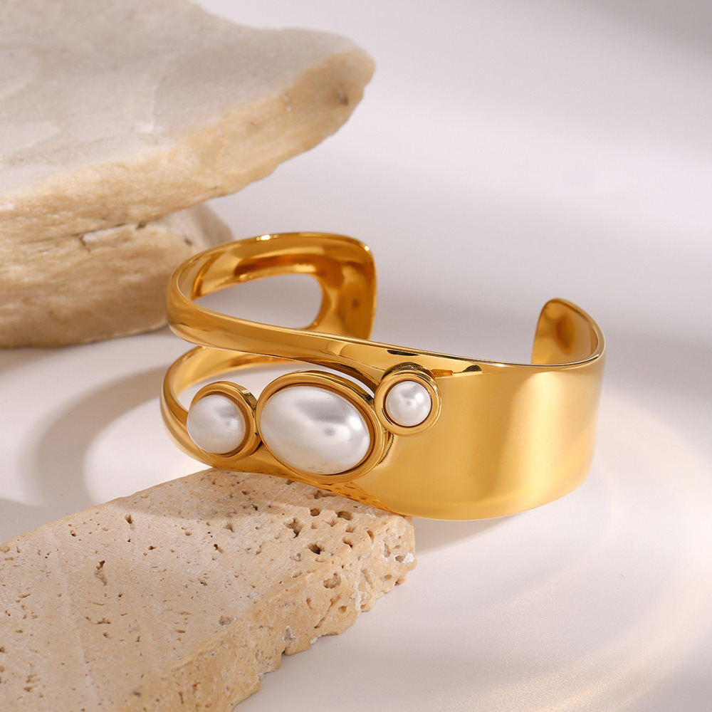 Bracelet Élégant En Acier Inoxydable Plaqué Or  Avec Perles Artificielles Pour Femme, Série Simple, 1 Pièce 