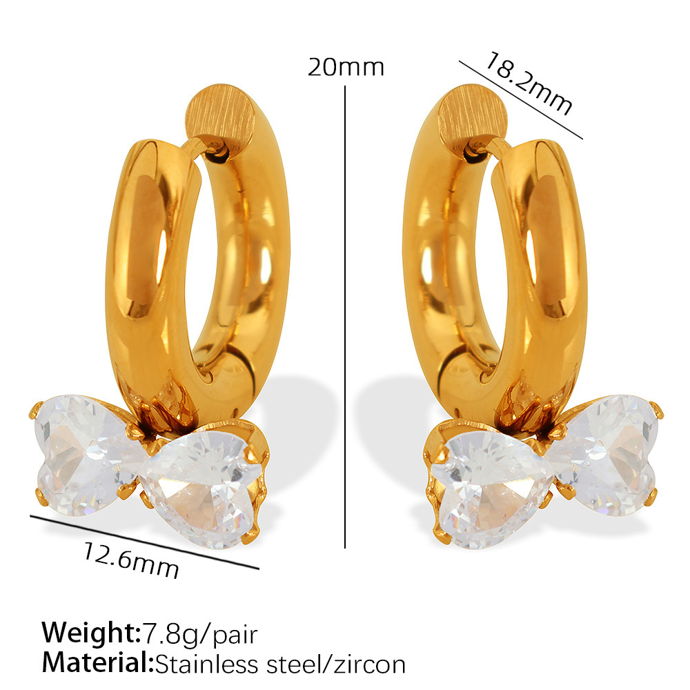 1 Paire De Boucles D'Oreilles Pendantes Pour Femme, Série Romantique, Nœud Papillon, En Acier Inoxydable Plaqué Or  Et Zircone 
