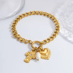 Bracelet À Breloques Pour Femme, Série Classique, En Acier Inoxydable Plaqué Or , Avec Strass, Motif Cœur Quotidien h5 