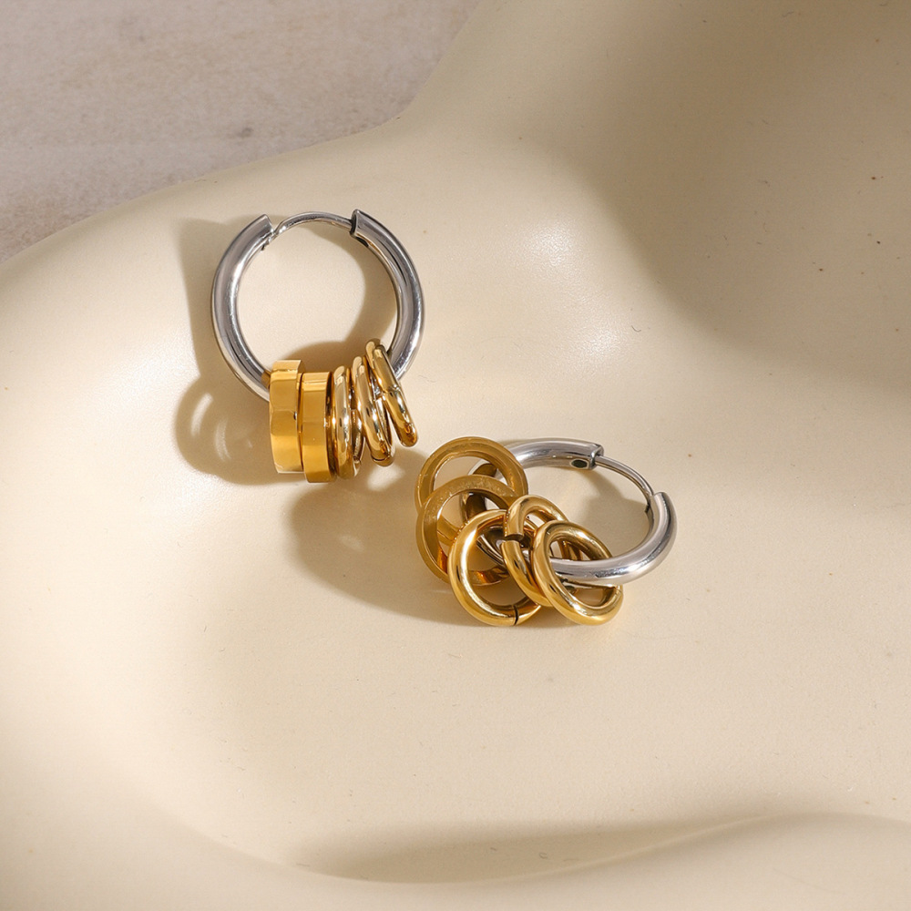 Boucles D'Oreilles En Acier Inoxydable Or , Anneau En Acier Poli Assorti, Cinq Petits Anneaux Suspendus En Or, Boucles D'Oreilles En Acier Titane 