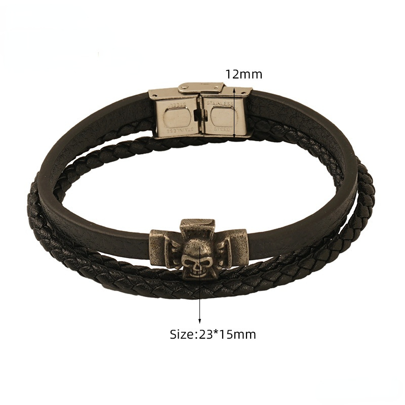 1 Paire De Bracelets Rétro En Cuir Tressé Avec Motif Tête De Mort Pour Homme, Fermoir Magnétique En Acier Titane, Accessoires Pour Homme