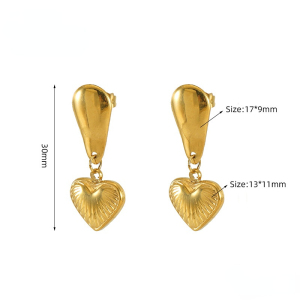 1 Paire De Boucles D'Oreilles Pendantes En Acier Inoxydable Doré , Légères Et Luxueuses, Style Rétro, En Forme De Cœur, Texturées, Pour Femmes h5