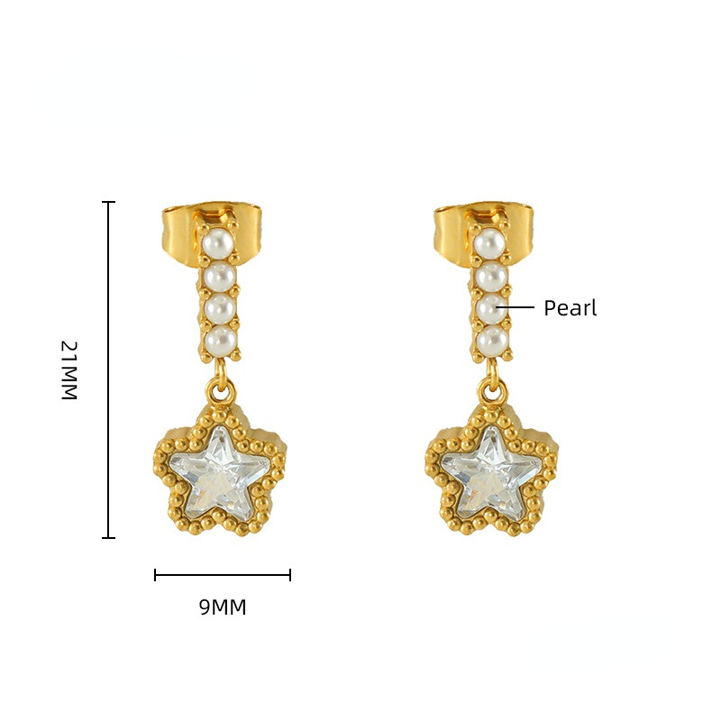 1 Paire De Boucles D'Oreilles En Perles D'Acier Inoxydable De Style Transfrontalier Pour Femmes, Boucles D'Oreilles En Étoile En Zircon Assorties, Boucles D'Oreilles Pour Femmes, Boucles D'Oreilles Pendantes