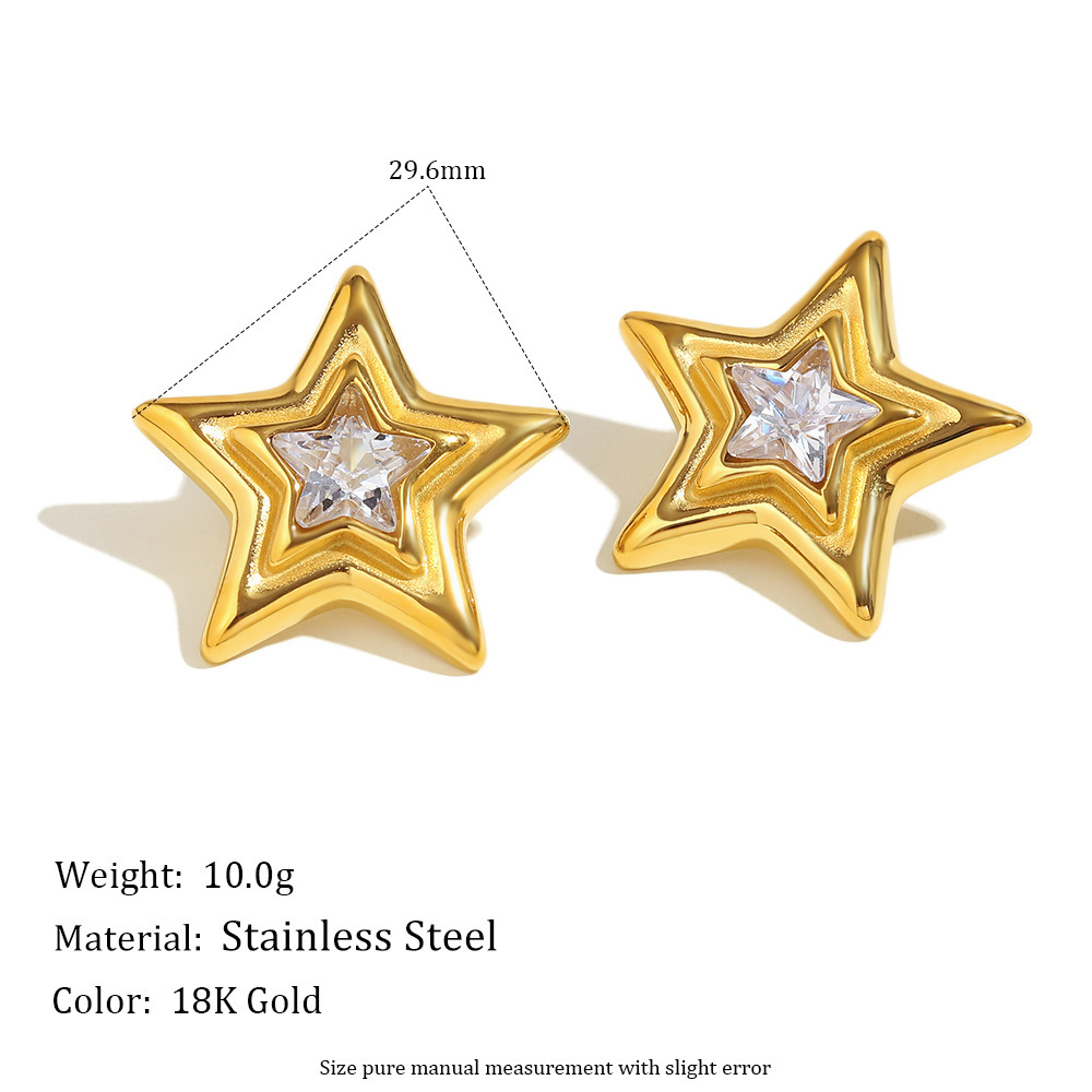 1 Paire De Boucles D'Oreilles Puces Classiques Et Simples En Forme D'Étoile, En Acier Inoxydable Étanche, Couleur Or, Pour Femme. Image4
