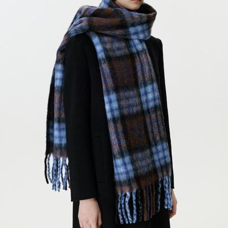 Écharpe d'hiver classique en laine à carreaux bleus pour femme, 1 pièce