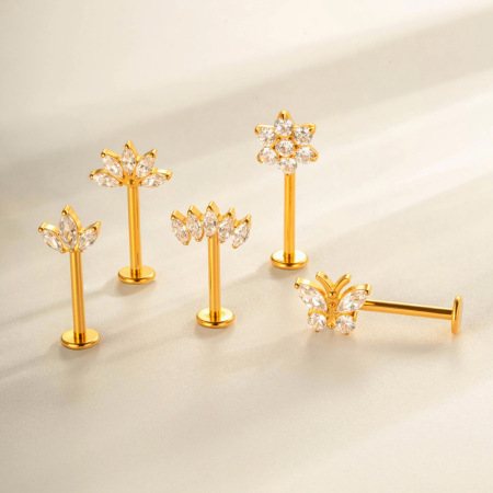 Boucle d'oreille piercing en alliage de titane et zircon couleur or, 1 pièce 2