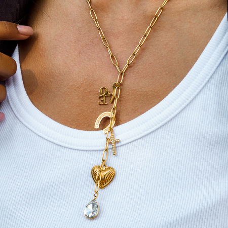 Magnifique collier pendentif en acier inoxydable doré avec pompon en forme de cœur pour femme