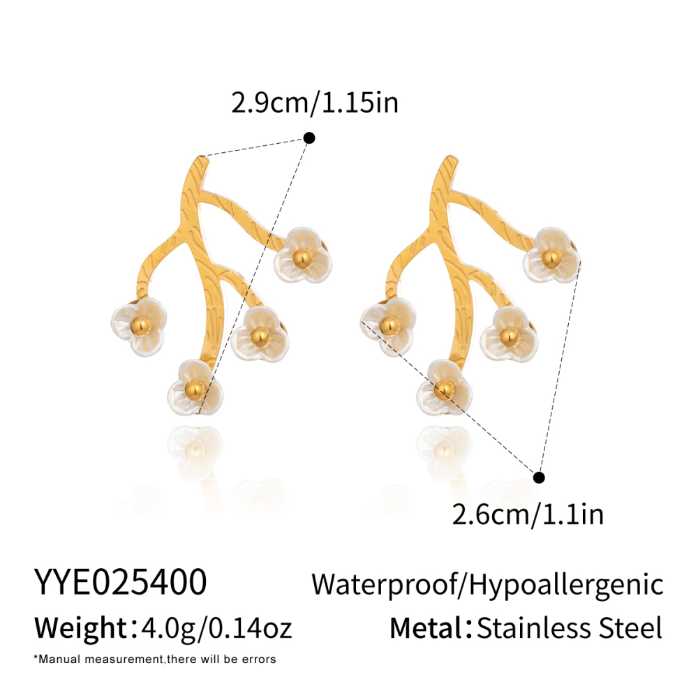 1 Paire De Boucles D'Oreilles Romantiques À Fleurs En Acier Inoxydable Étanche Couleur Or Et Coquillage 