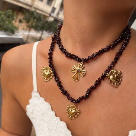 Collier à plusieurs rangs en acier inoxydable et pierre naturelle