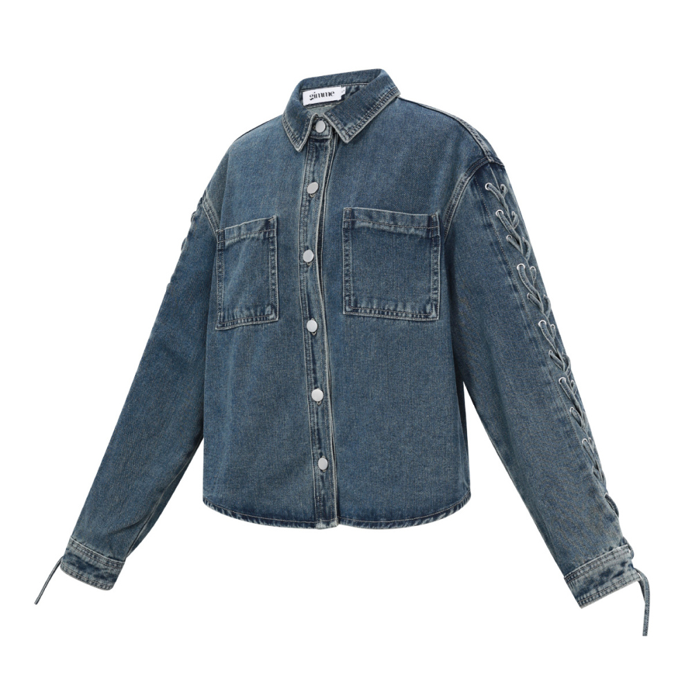 Coton Tissé Veste En Jean Femme Casual Avec Lacets h5Image2