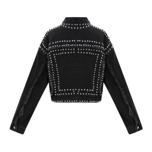 Coton Tissé Veste En Jean Femme Style Street Couleur Unie Détails Clous h5 Image3
