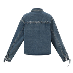 Coton Tissé Veste En Jean Femme Casual Avec Lacets h5 Image3