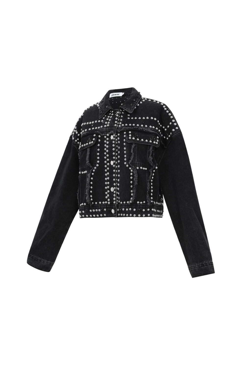 Coton Tissé Veste En Jean Femme Style Street Couleur Unie Détails Clous Image8