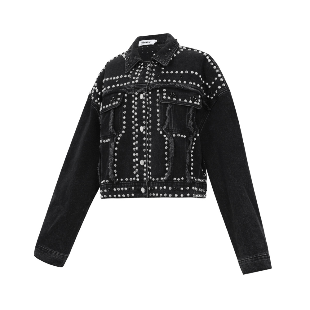 Coton Tissé Veste En Jean Femme Style Street Couleur Unie Détails Clous Image2