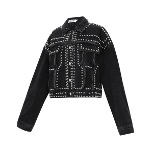 Coton Tissé Veste En Jean Femme Style Street Couleur Unie Détails Clous h5 Image2