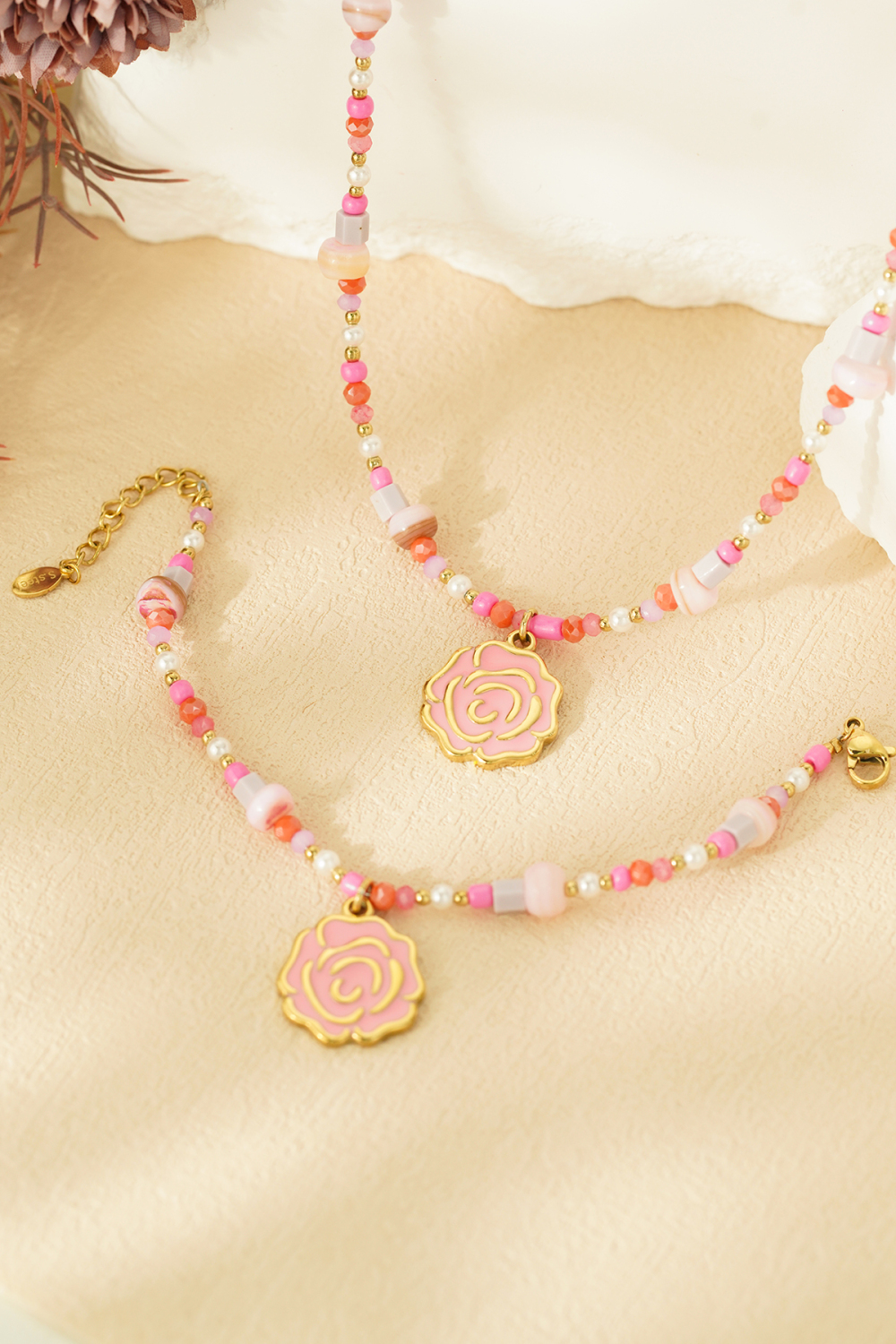 Collier De Perles Roses - Couleur Rose Et Or Image4