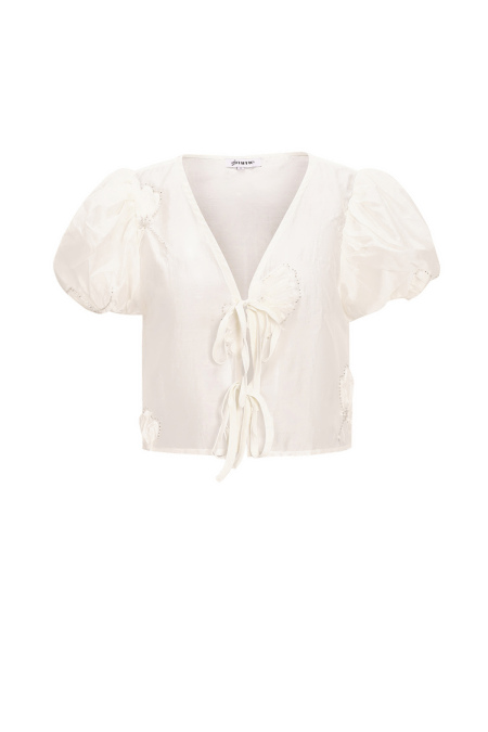 Organic Cotton Woven Femme Haut Manches Courtes Bohémien Imprimé Floral Nœud 2