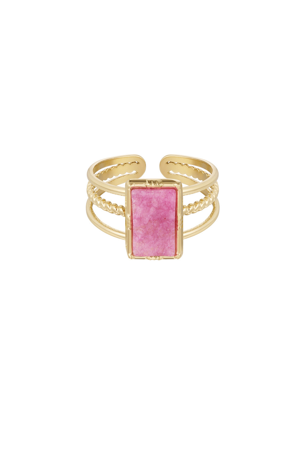 Bague Trois Couches Pierre Rectangulaire - Couleur Or/Fuchsia 