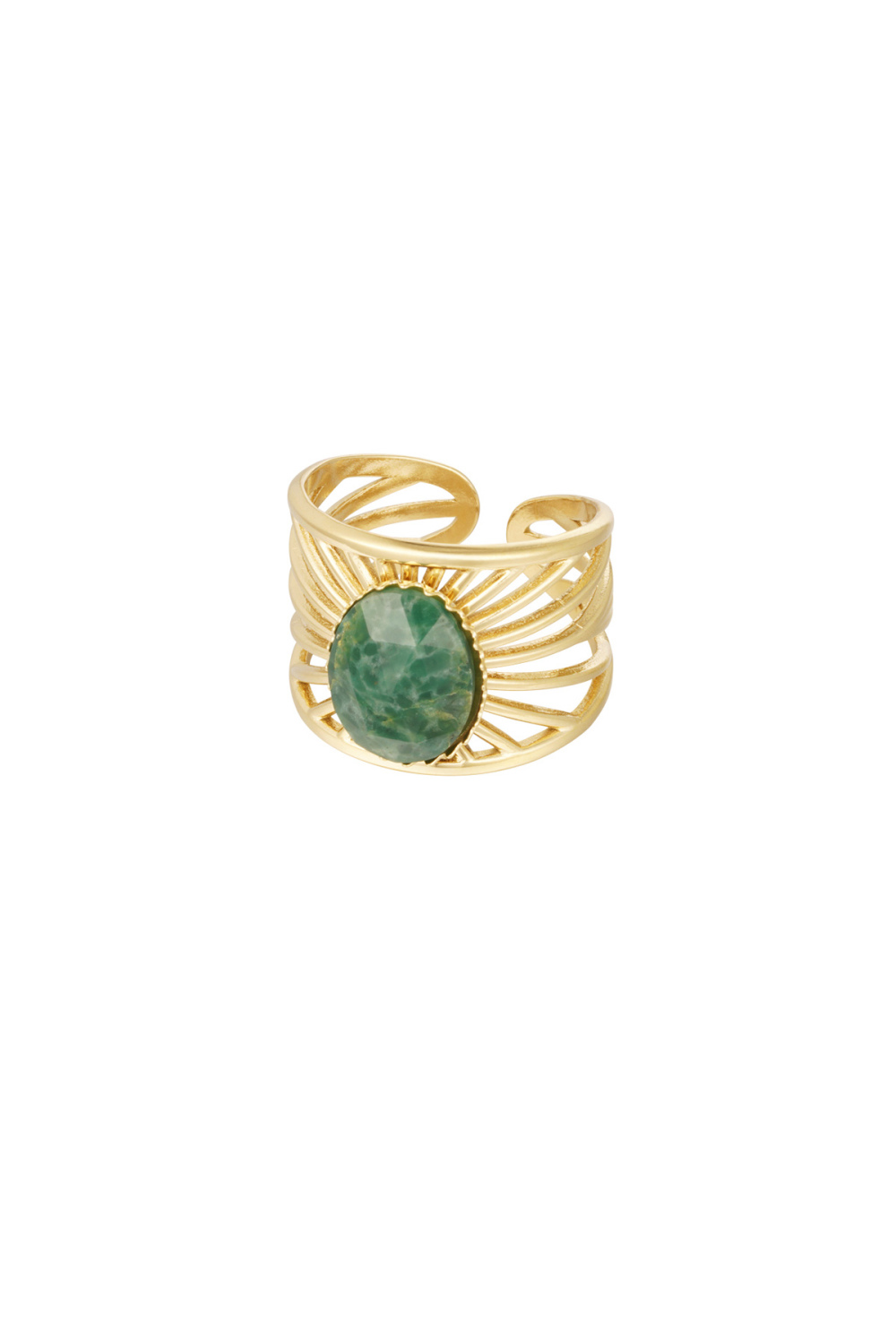 Bague Rayures Gracieuses Avec Pierre - Couleur Or / Vert 