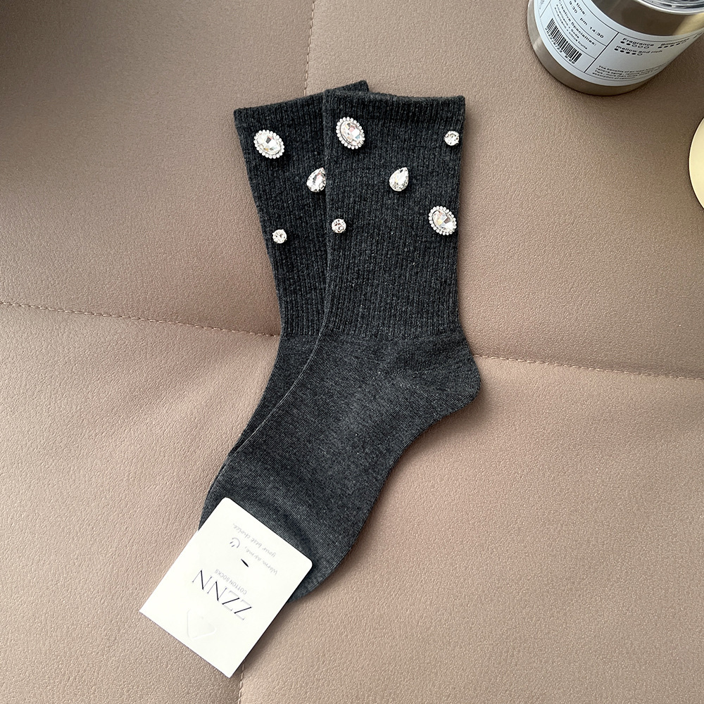 Chaussettes Mi-Mollet Élégantes À Motif Géométrique Uni Et Strass Tendance Image2