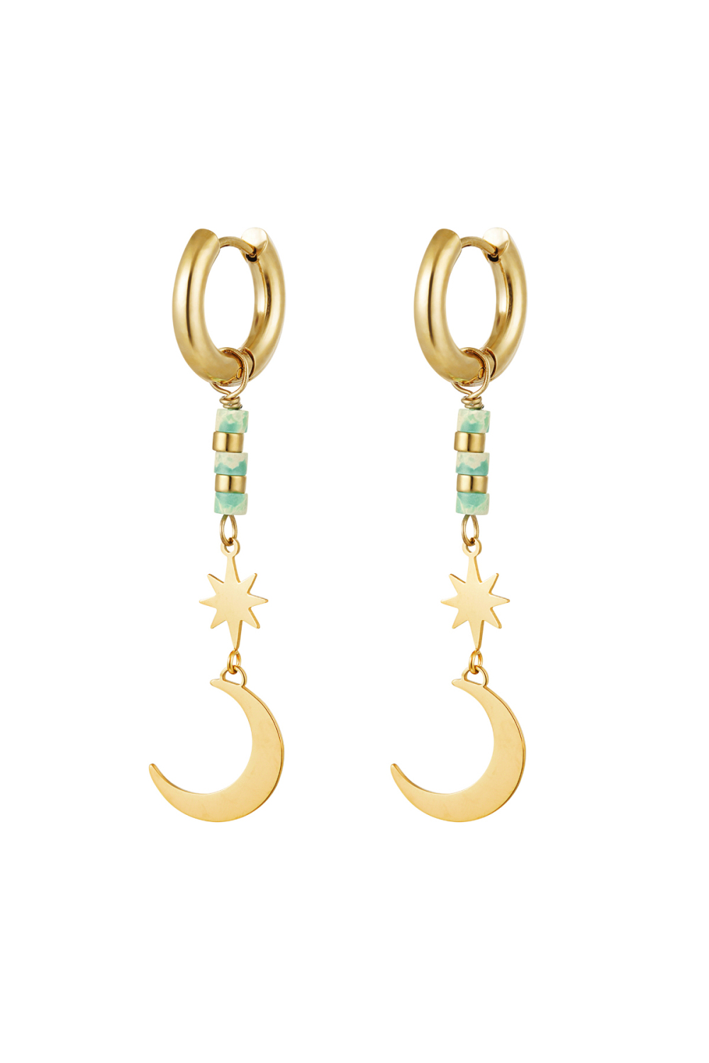 Boucles D'oreilles Étoile/Lune - Collection Pierres Naturelles Vert & Couleur Or Acier Inoxydable 